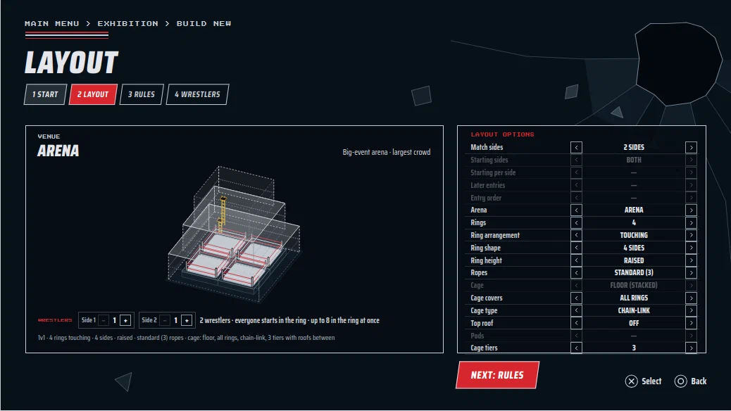Layout screen showing four rings under a three-tier stacked cage