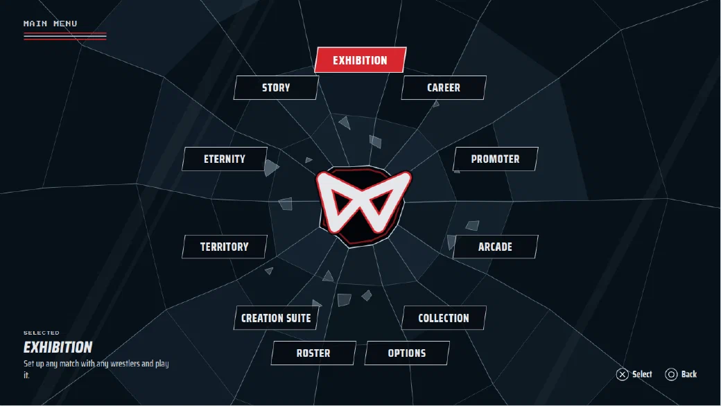 Eternal Wrestling main menu: the logo punched through a sheet of glass, with the modes in a ring around it
