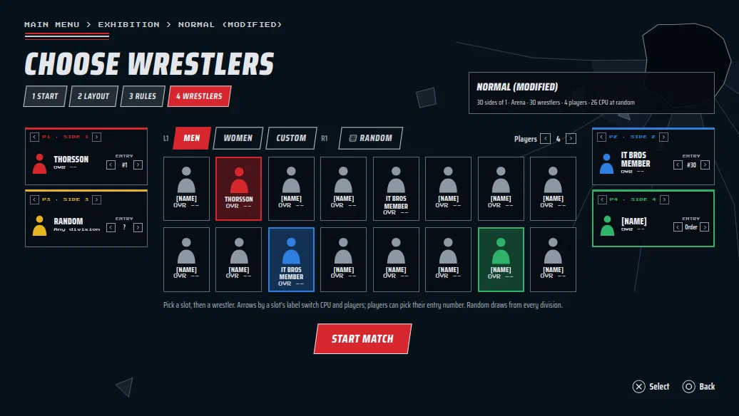 Wrestler select for a 30-wrestler timed-entry match with four players