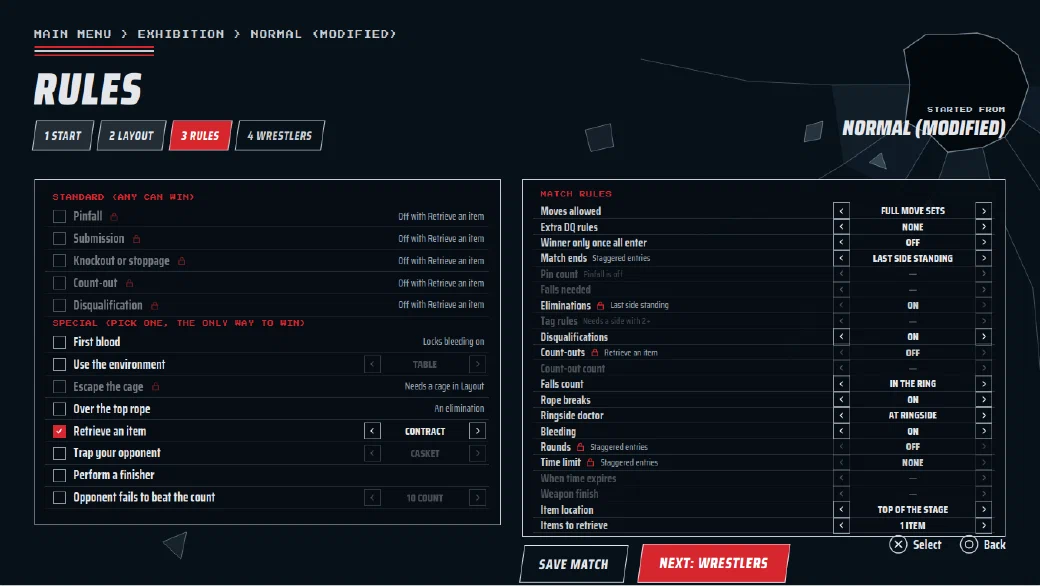 Rules screen with Retrieve an item selected and the standard win conditions locked off