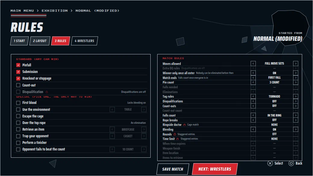 Rules screen for a team match, with win conditions on the left and match rules on the right