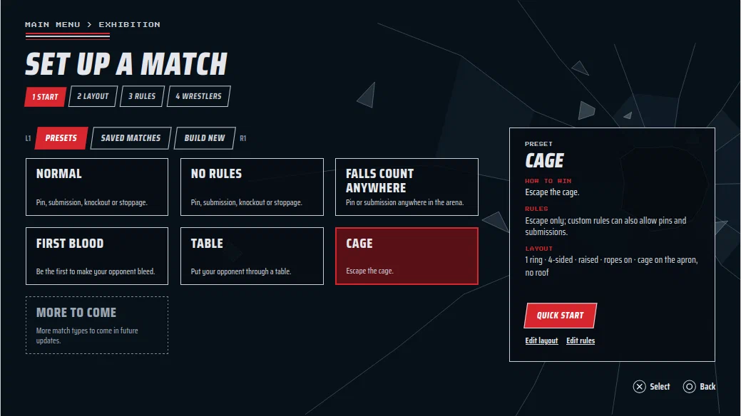 Start screen of the match builder, with the Cage preset selected